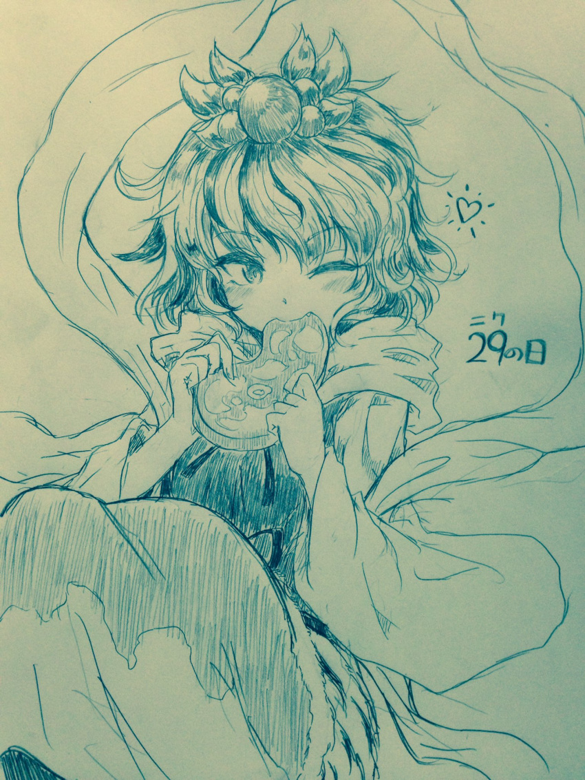 1girl ;) bangs blush commentary_request eating efukei eyebrows_visible_through_hair fang food good_meat_day heart highres holding holding_food long_sleeves looking_at_viewer meat monochrome one_eye_closed shawl short_hair sitting smile solo toramaru_shou touhou traditional_media