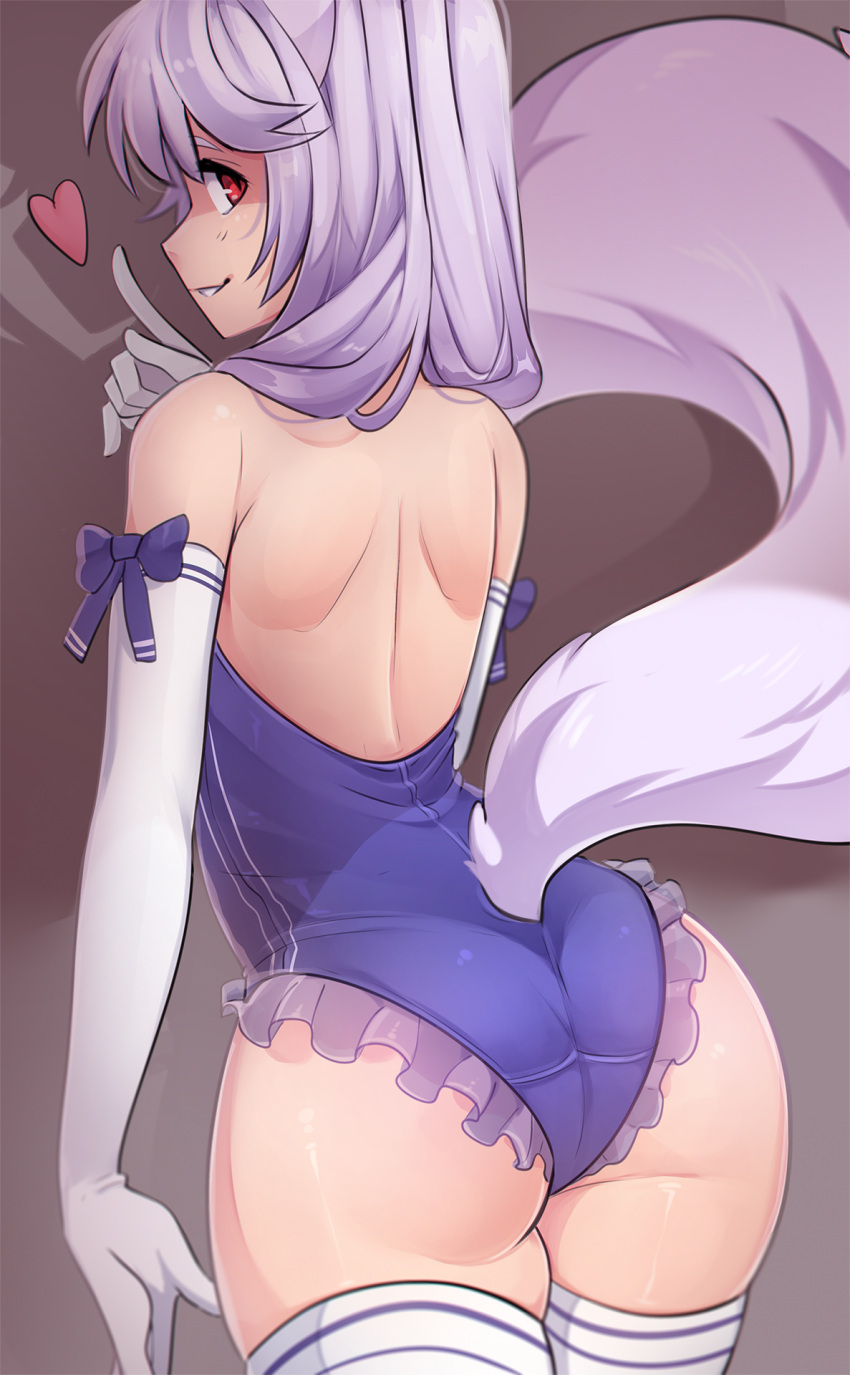 1girl animal_ears ass back bare_shoulders cowboy_shot elbow_gloves fox_tail from_behind gloves heart highres index_finger_raised iwbitu-sa long_hair looking_at_viewer looking_back original purple_hair red_eyes shoulder_blades slit_pupils smile striped striped_legwear tail thigh-highs white_gloves