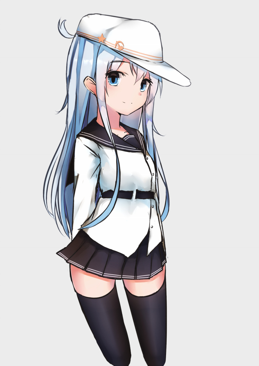 1girl belt black_legwear black_skirt blue_eyes cowboy_shot flat_cap hammer_and_sickle hat hibiki_(kantai_collection) highres kantai_collection kure_(kure_ng) long_hair looking_at_viewer pleated_skirt silver_hair skirt smile solo star thigh-highs verniy_(kantai_collection) white_hat