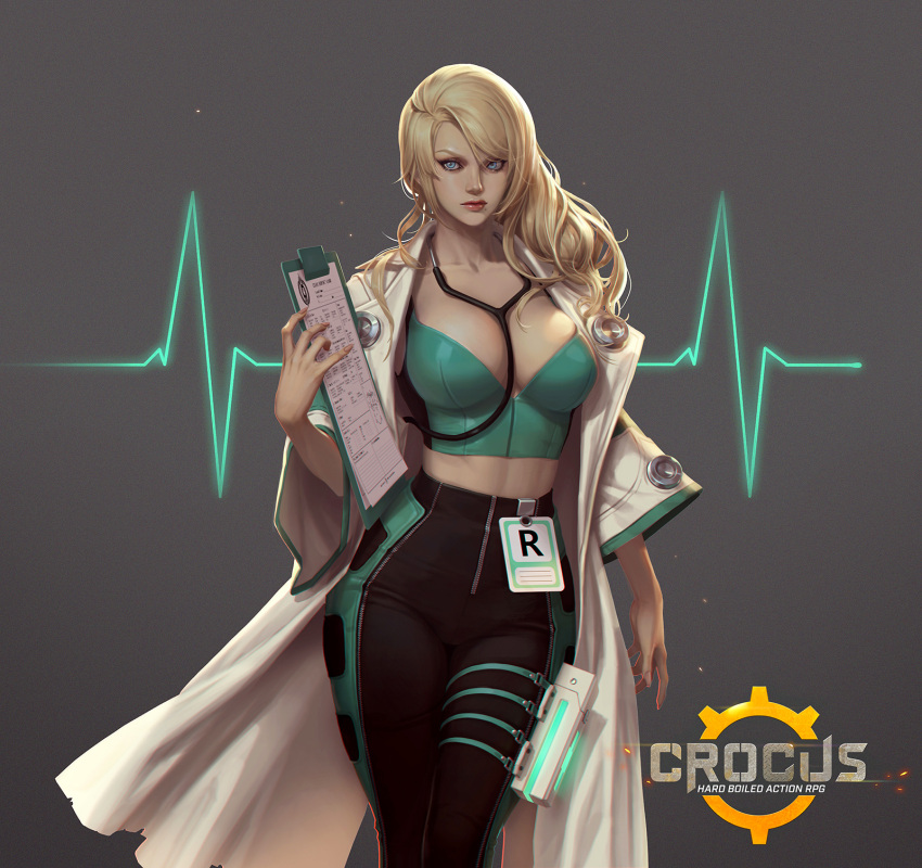 1girl arm_at_side bangs bare_shoulders between_breasts black_pants blonde_hair blue_eyes breasts breasts_apart clipboard closed_mouth coat collarbone cowboy_shot crop_top doctor eyelashes eyeliner fingernails hand_up highres holding holster labcoat large_breasts lay_(project_crocus) legs_together lipstick long_fingernails long_hair makeup mole mole_under_mouth nail_polish nose open_clothes open_coat pants pink_lips pink_lipstick pink_nails project_crocus sleeveless solo stethoscope sunme_lee swept_bangs thigh_holster thigh_strap white_coat