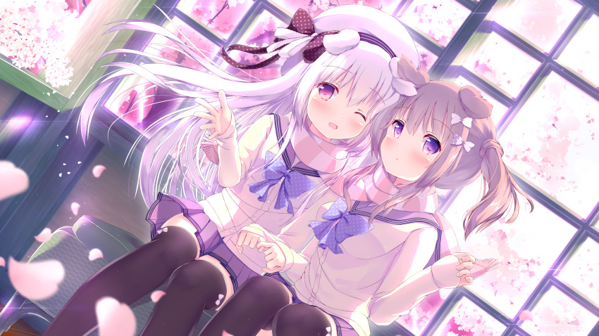 2girls ;d absurdres animal_ears black_legwear bow bow_legwear brown_hair character_request cherry_blossoms dutch_angle fang highres long_hair miniskirt multiple_girls one_eye_closed open_mouth pleated_skirt purple_skirt scarf school_uniform serafuku shared_scarf shirt sitting skirt smile striped striped_scarf thigh-highs twintails unwitherer white_bow white_shirt zettai_ryouiki