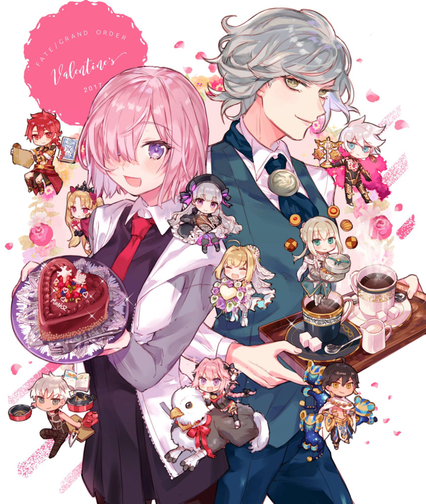 alexander_(fate/grand_order) archer bedivere bird black_hair blonde_hair blush braid cake cat chibi chocolate coffee dark_skin edmond_dantes_(fate/grand_order) fate/apocrypha fate/grand_order fate/prototype fate/prototype:_fragments_of_blue_and_silver fate/stay_night fate_(series) food hair_ribbon hat highres karna_(fate) long_hair looking_at_viewer multiple_boys multiple_girls nekoremon nursery_rhyme_(fate/extra) open_mouth pink_hair redhead ribbon rider_(fate/prototype_fragments) rider_(fate/zero) rider_of_black saber_bride saber_extra short_hair smile tohsaka_rin violet_eyes white_hair yellow_eyes