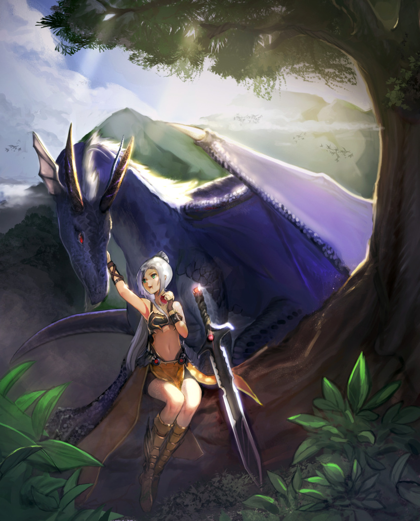 1girl absurdres apple arm_up armor armpits bangs bare_shoulders bikini_armor brown_gloves chewing clouds cloudy_sky collarbone day dragon dress eating fantasy fingerless_gloves food forest fruit glint gloves greatsword greaves highres holding holding_fruit horns huge_weapon in_tree leaf legs_together light_rays long_hair masashi_(excellent) midriff monster mountain nature navel original outdoors parted_bangs plant ponytail showgirl_skirt silver_hair sitting sitting_in_tree skirt sky solo sunbeam sunlight sword teeth tree weapon wrist_straps