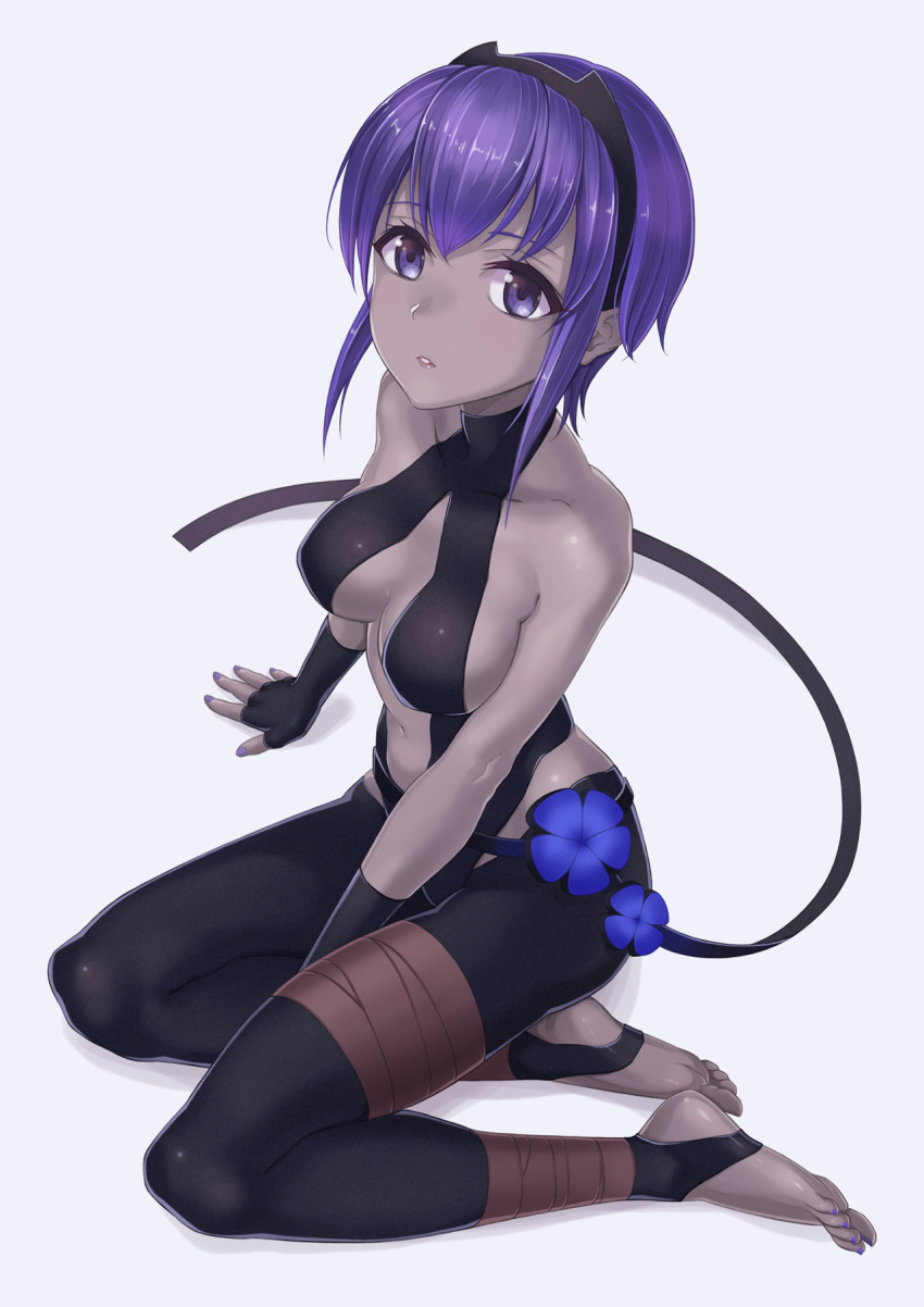 1girl arm_support assassin_(fate/prototype_fragments) bandage bare_shoulders barefoot between_legs black_gloves black_hairband black_pants black_skin breasts cleavage collarbone fate/prototype fate/prototype:_fragments_of_blue_and_silver fate_(series) fingerless_gloves full_body gloves grey_background hairband hand_between_legs highres looking_at_viewer medium_breasts nail_polish navel pants parted_lips purple_hair purple_nails shinno shiny shiny_skin short_hair_with_long_locks sidelocks sitting solo stomach violet_eyes