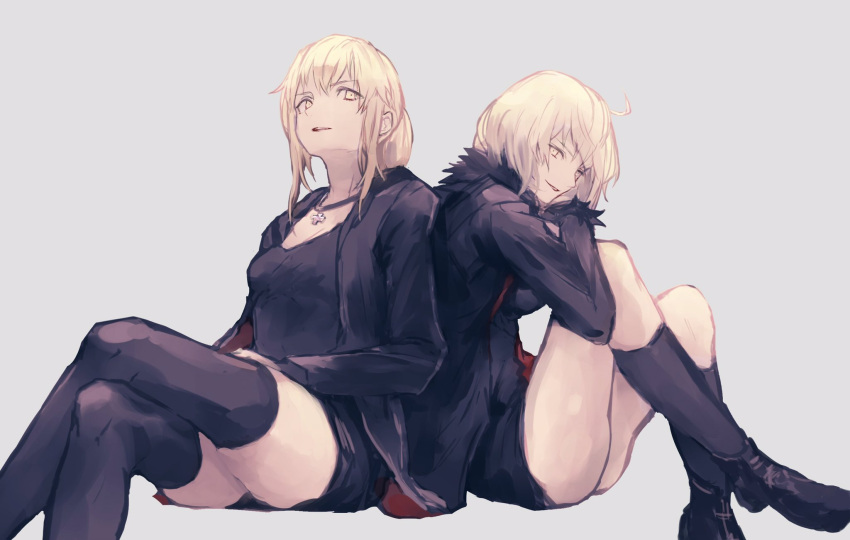 2girls alternate_costume boots breasts fate/grand_order fate/stay_night fate_(series) highres jacket jeanne_alter kouzuki_kei looking_at_viewer multiple_girls ponytail ruler_(fate/apocrypha) saber saber_alter short_hair simple_background smile thigh-highs yellow_eyes