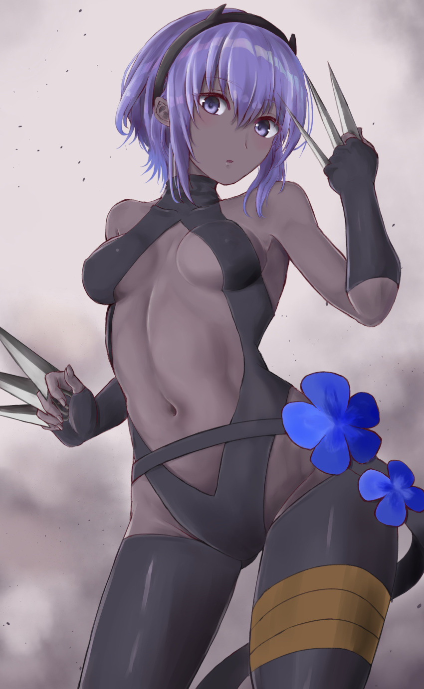 1girl absurdres artist_request assassin_(fate/prototype_fragments) black_gloves black_hairband black_legwear black_leotard black_skin breasts cleavage covering_nipples cowboy_shot fate/prototype fate/prototype:_fragments_of_blue_and_silver fate_(series) fingerless_gloves gloves hairband highres holding holding_weapon leotard looking_at_viewer midriff navel purple_hair short_hair small_breasts solo standing stomach violet_eyes weapon