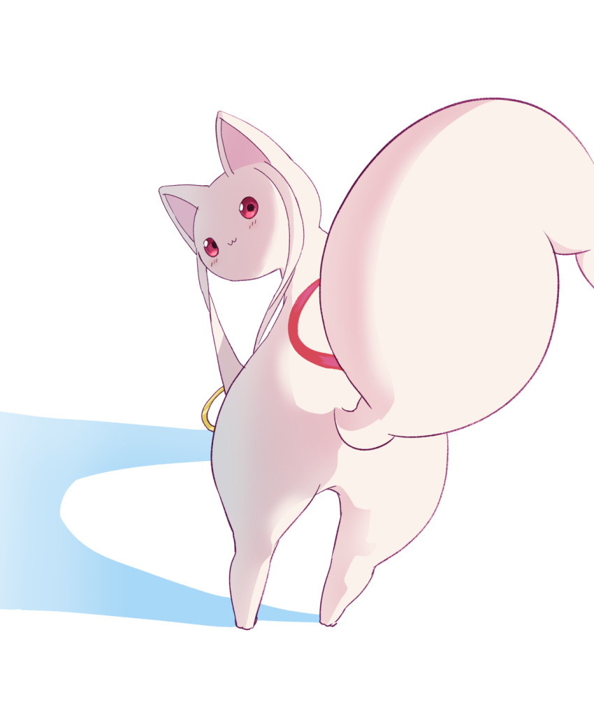 3 :3 bent_over blush creature from_behind full_body highres kyubey looking_at_viewer looking_back mahou_shoujo_madoka_magica no_humans number red_eyes samidare simple_background solo standing tail white_background