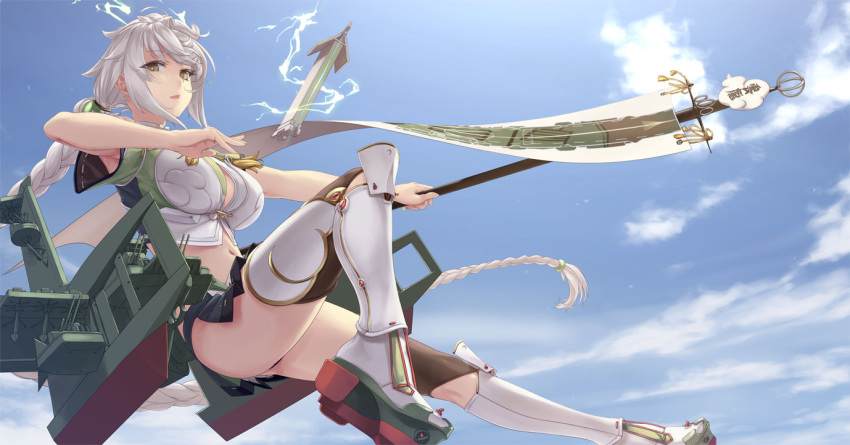 1girl armpits ass asymmetrical_hair boots braid breasts clouds flight_deck kantai_collection large_breasts lightning_bolt long_hair looking_at_viewer magic navel pleated_skirt rigging rokuwata_tomoe skirt sky solo staff thighs turret unryuu_(kantai_collection) very_long_hair white_boots white_hair yellow_eyes