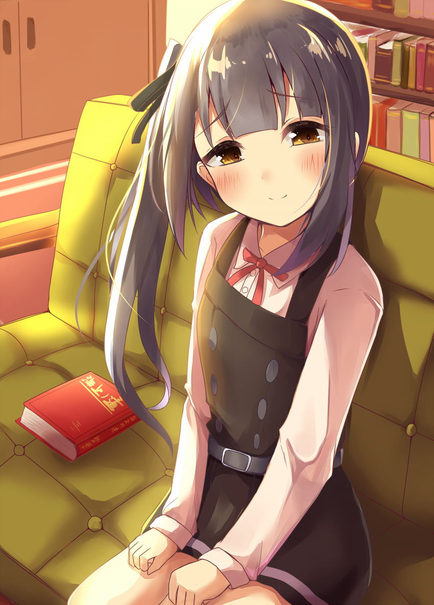 1girl absurdres asymmetrical_hair bangs belt belt_buckle blunt_bangs blush book bookshelf brown_eyes brown_hair buckle buttons carpet closed_mouth collared_shirt couch cowboy_shot door double-breasted dress dress_shirt eyebrows_visible_through_hair hand_on_lap highres indoors kantai_collection kasumi_(kantai_collection) light living_room long_hair long_sleeves looking_at_viewer on_couch pinafore_dress raised_eyebrows remodel_(kantai_collection) shirt side_ponytail silver_hair sitting smile solo soramuko white_shirt wing_collar