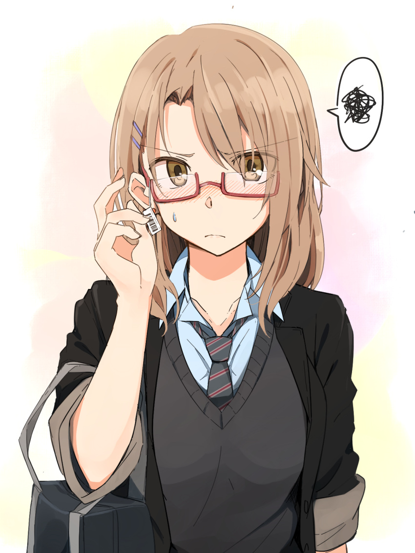 1girl arms_at_sides bag bangs black_necktie blazer blue_shirt blush brown_eyes closed_mouth collarbone collared_shirt commentary eyebrows_visible_through_hair frown glasses hair_between_eyes hair_ornament hairclip hand_up highres jacket kazenoko light_brown_hair looking_at_viewer necktie nose_blush original parted_bangs red-framed_eyewear school_bag school_uniform semi-rimless_glasses shirt shoulder_bag solo spoken_squiggle squiggle striped striped_necktie sweatdrop under-rim_glasses upper_body
