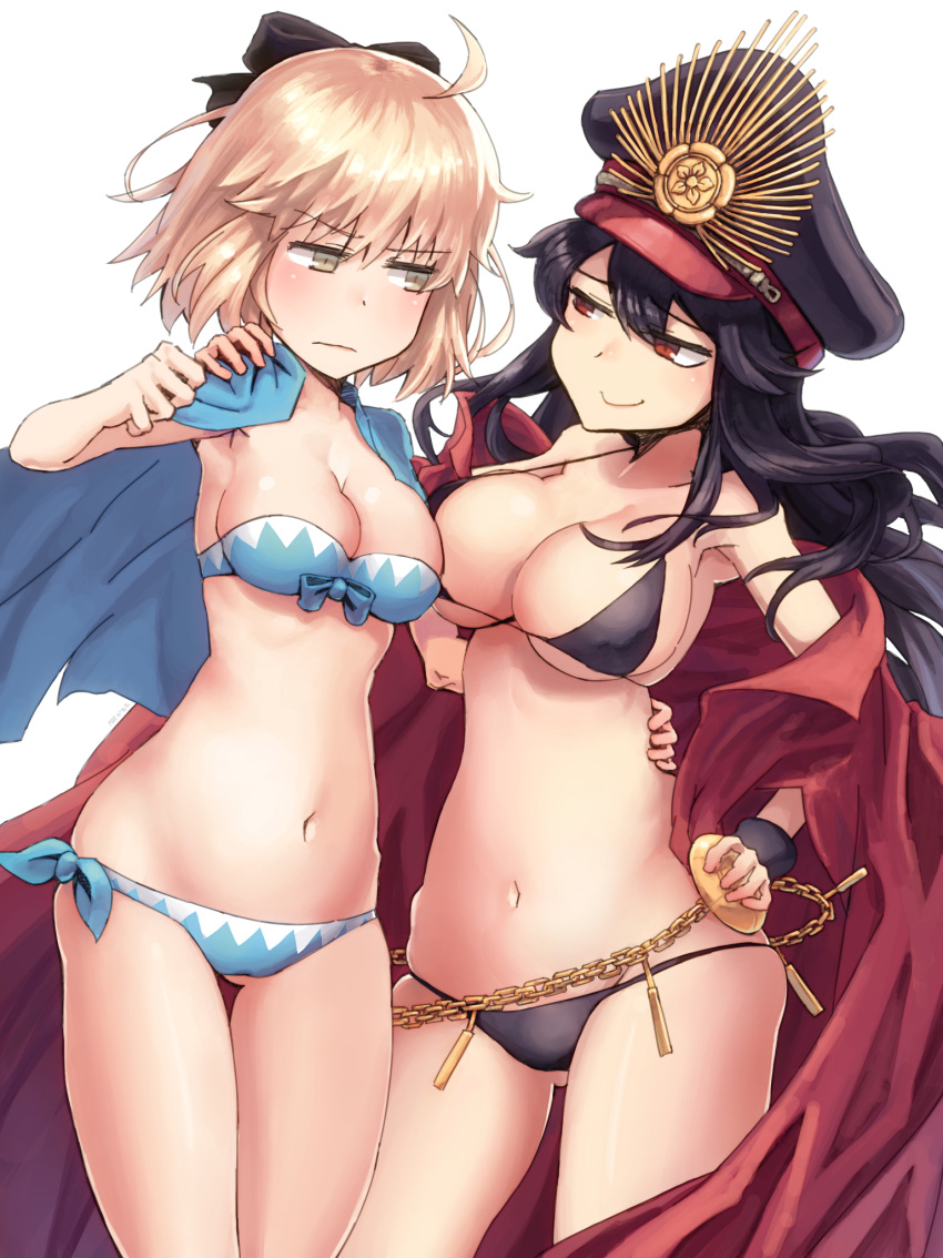 2girls adapted_costume bikini black_bikini black_hair black_ribbon blonde_hair blue_bikini breast_envy breasts cape chains demon_archer eye_contact fate/grand_order fate_(series) garutaisa gluteal_fold hair_ribbon hat highres koha-ace long_hair looking_at_another medium_breasts multiple_girls peaked_cap red_eyes ribbon sakura_saber shinsengumi short_hair simple_background small_breasts swimsuit thigh_gap white_background yellow_eyes