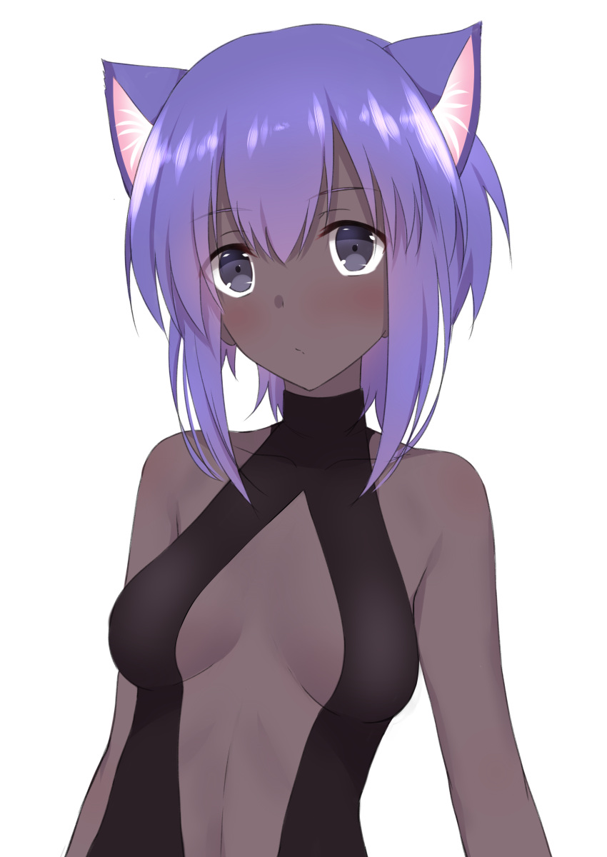 1girl :/ absurdres animal_ears assassin_(fate/prototype_fragments) black_eyes breasts cat_ears cleavage collarbone dark_skin fate/prototype fate/prototype:_fragments_of_blue_and_silver fate_(series) go-1 highres kemonomimi_mode looking_at_viewer navel purple_hair short_hair simple_background solo white_background