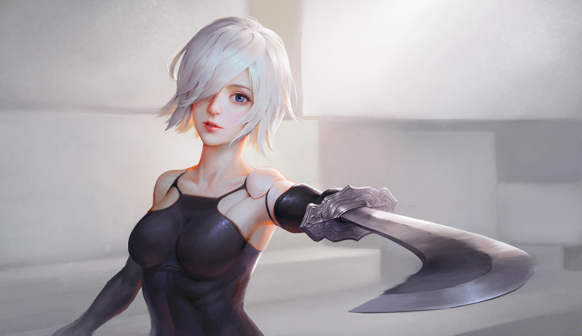 1girl android blue_eyes hair_over_one_eye looking_at_viewer nier_(series) nier_automata parted_lips silver_hair solo sword upper_body weapon wenfei_ye yorha_type_a_no._2