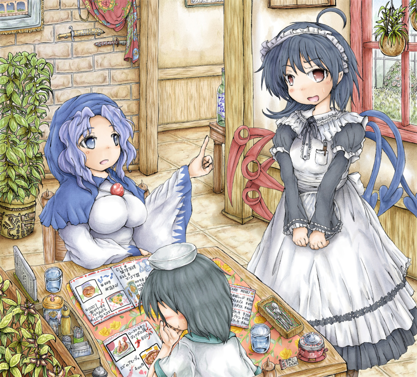 3girls ahoge alternate_costume apron asymmetrical_wings black_hair blue_eyes blue_hair blush bottle breasts chair commentary_request covering_mouth cup cutlery day drinking_glass fork hand_over_own_mouth hanging_plant hat highres hood houjuu_nue index_finger_raised indoors knife kumoi_ichirin large_breasts long_sleeves looking_at_another looking_at_viewer looking_down menu multiple_girls murasa_minamitsu musical_note open_mouth pen_in_pocket photo_(object) plant potted_plant red_eyes restaurant sailor_collar sailor_hat short_hair short_sleeves sitting smile spoon stifled_laugh sweatdrop table tablecloth tile_floor tiles touhou tray v_arms waitress wide_sleeves window wings ys_(ytoskyoku-57)