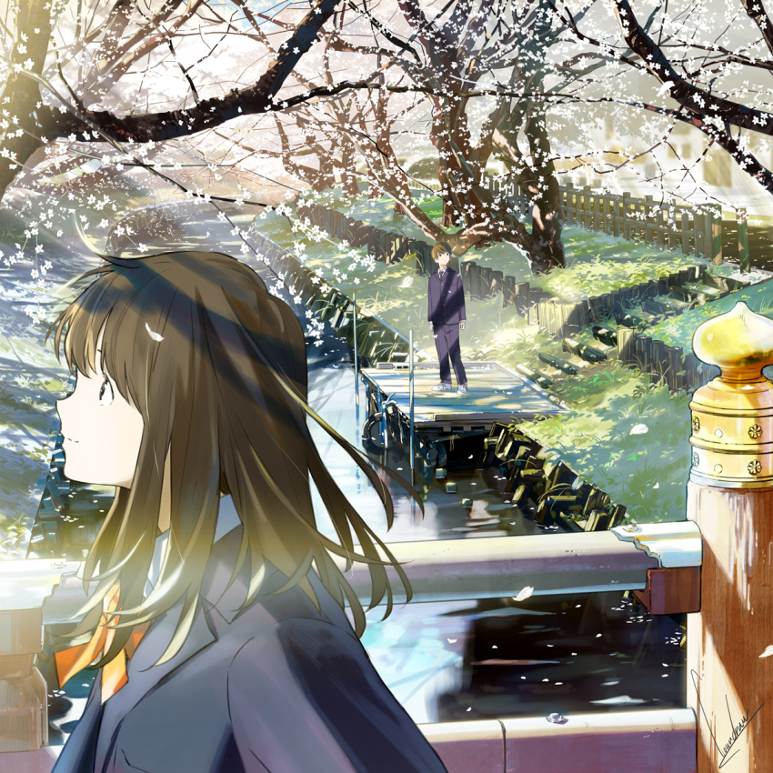 1boy 1girl black_eyes brown_hair cherry_blossoms grass highres long_hair loundraw original petals scenery stairs tree water