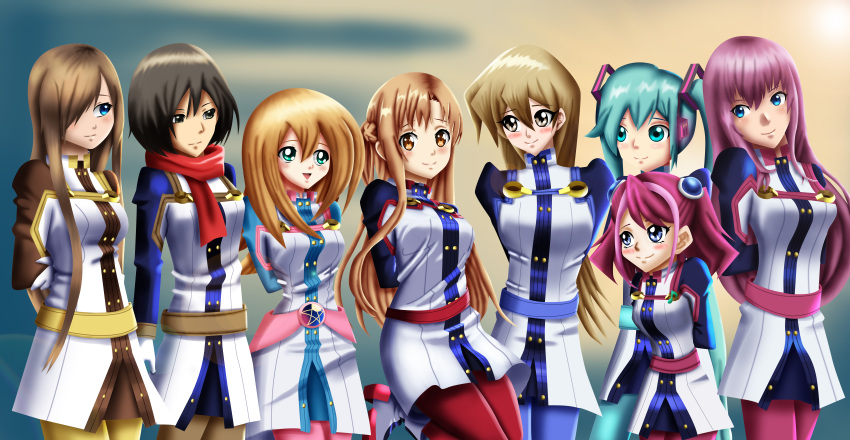 6+girls arms_behind_back asuna_(sao) dark_magician_girl hatsune_miku hiiragi_yuzu megurine_luka mikasa_ackerman shingeki_no_kyojin sincity2100 tear_grants tenjouin_asuka vocaloid yuu-gi-ou yuu-gi-ou_arc-v yuu-gi-ou_gx