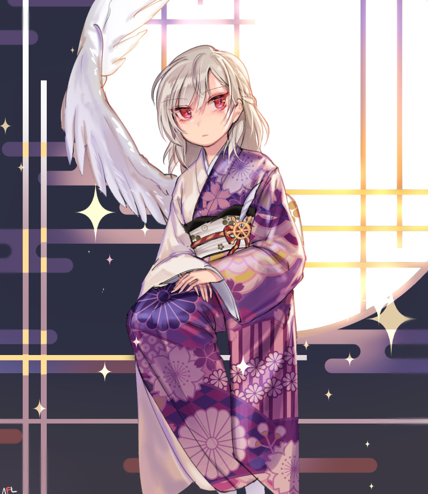 1girl alternate_costume backlighting braid closed_mouth clouds colored_eyelashes egasumi expressionless feathered_wings floral_print french_braid hand_on_lap highres invisible_chair japanese_clothes kimono kishin_sagume long_sleeves looking_at_viewer own_hands_together red_eyes sash short_hair silver_hair single_wing sitting sparkle tis_(shan0x0shan) touhou white_wings wide_sleeves wings yukata