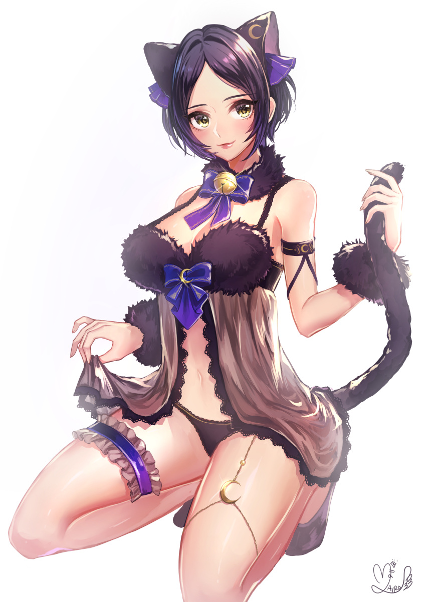 1girl absurdres animal_ears artist_name babydoll bell bell_collar black_hair black_panties blush cat_ears cat_tail closed_mouth collar commentary_request frills fur_collar fur_trim garter_straps hayami_kanade highres holding holding_tail idolmaster idolmaster_cinderella_girls ilo jingle_bell lingerie looking_at_viewer navel panties purple_ribbon ribbon signature single_thighhigh smile solo squatting tail thigh-highs thigh_strap underwear yellow_eyes