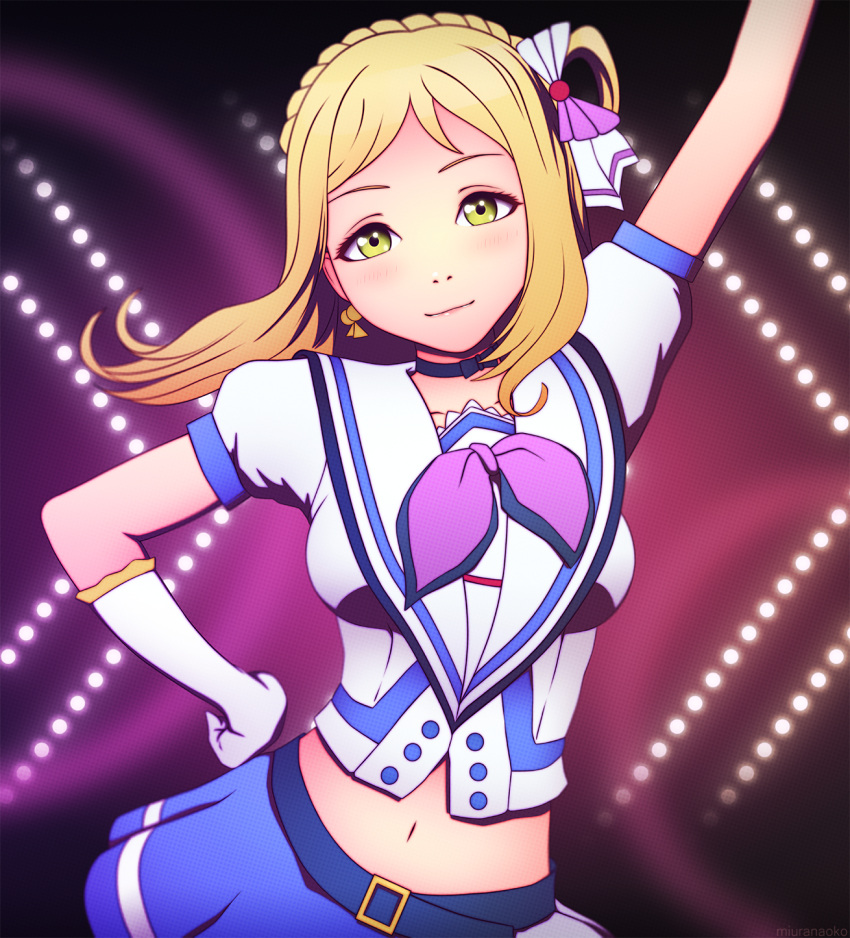 1girl aozora_jumping_heart arm_above_head belt blonde_hair blush breasts choker dutch_angle earrings gloves green_eyes hand_on_hip highres jewelry love_live! love_live!_sunshine!! medium_breasts midriff miura-n315 navel ohara_mari ribbon_choker smile solo