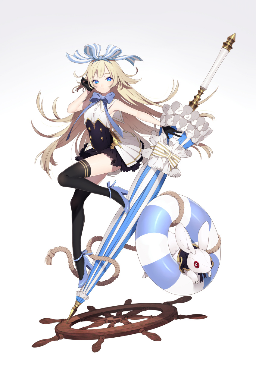 1girl absurdres armpits bangs black_gloves blonde_hair blouse blue_bow blue_eyes blue_ribbon blue_shoes bow closed_mouth floating_hair frills full_body gloves hair_ribbon half-closed_eyes high_heels highres holding holding_weapon innertube lance leg_up long_hair looking_at_viewer ni02_(asahi_nini) original pleated_skirt polearm ribbon ship's_wheel shoes showgirl_skirt simple_background skirt sleeveless solo striped striped_ribbon stuffed_animal stuffed_bunny stuffed_toy weapon white_background white_blouse white_skirt