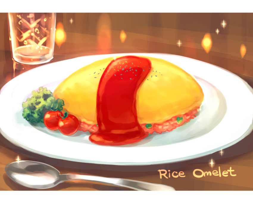 cherry_tomato commentary food glass ketchup letterboxed lettuce no_humans omelet omurice original peas plate sparkle spoon still_life tomato zoff_(daria)