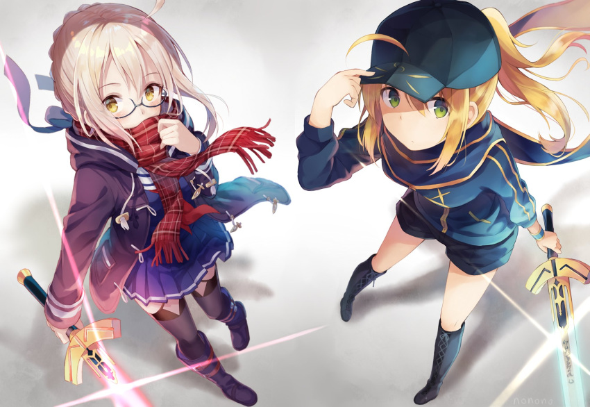 2girls ahoge black_boots black_hat black_legwear black_shorts black_sweater blue_ribbon blue_scarf blue_shirt blue_skirt blue_sweater boots cardigan excalibur fate/grand_order fate_(series) floating_hair from_above full_body glasses green_eyes grey_background hair_between_eyes hair_ribbon hat heroine_x heroine_x_(alter) highres holding holding_hat holding_sword holding_weapon looking_at_viewer miniskirt multiple_girls nonono open_cardigan open_clothes pleated_skirt ponytail red_scarf ribbon saber scarf scarf_over_mouth school_uniform serafuku shirt short_shorts shorts sidelocks silver_hair skirt standing sweater sword thigh-highs thigh_boots visor_cap weapon wrist_cuffs yellow_eyes