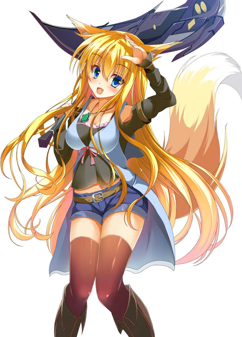 1girl :d absurdres animal_ears arm_up axe black_legwear black_shirt blonde_hair blue_eyes blue_shorts breasts cleavage eyebrows_visible_through_hair fang floating_hair fox_ears fox_tail hair_between_eyes highres holding holding_weapon jewelry kasumi_toshizou long_hair looking_at_viewer medium_breasts necklace open_mouth original shiny shiny_clothes shirt short_shorts shorts smile solo standing tail takataka thigh-highs transparent_background very_long_hair weapon