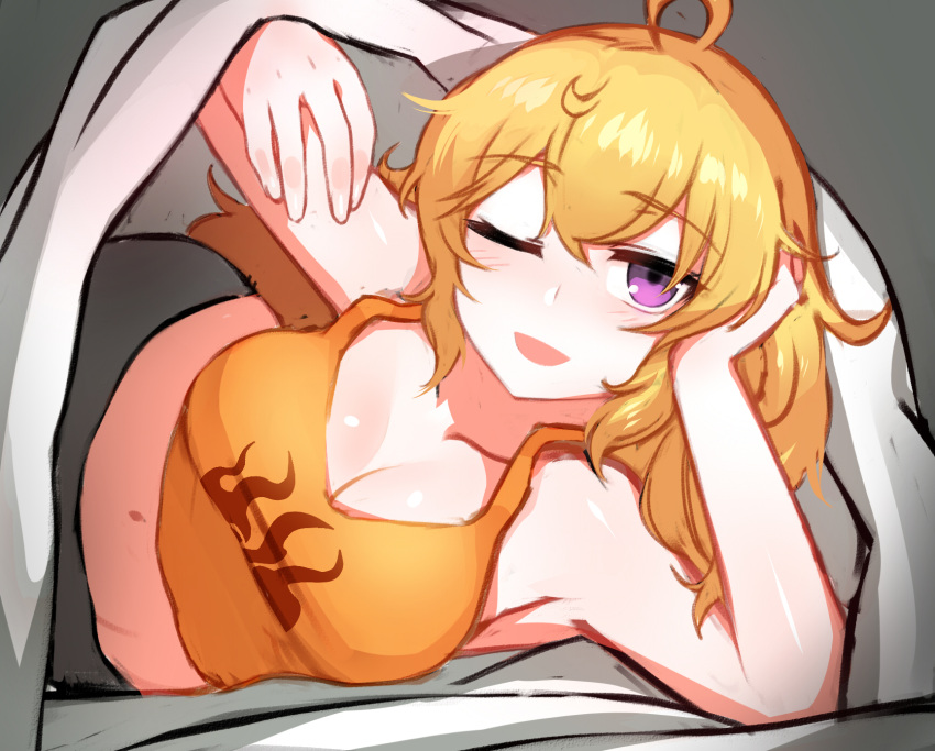 1girl blonde_hair blush breasts cleavage hand_on_own_head highres large_breasts long_hair ndgd_(bean1215) one_eye_closed rwby solo under_covers violet_eyes yang_xiao_long
