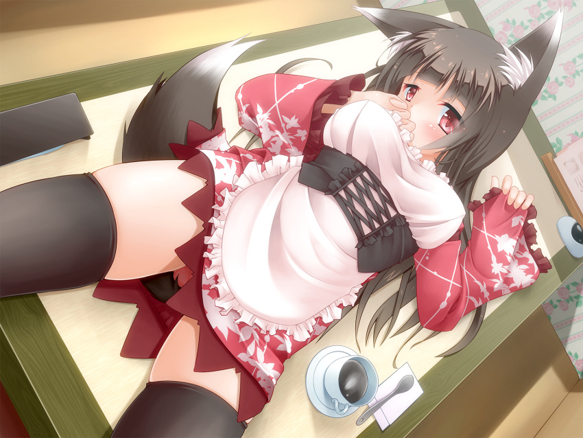 1girl animal_ears apron blush coffee coffee_cup covering_mouth cup fox_ears fox_tail hand_over_own_mouth highres kanna_hisashi long_hair long_sleeves looking_at_viewer lying on_back panties restaurant skirt solo table tail thigh-highs underwear waitress