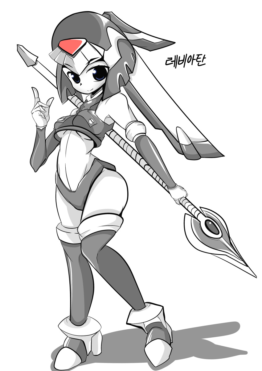 1girl absurdres android blue_eyes breasts gloves greyscale helmet highres leviathan_(rockman) monochrome polearm rockman rockman_x rockman_zero solo spear thigh-highs under_boob weapon