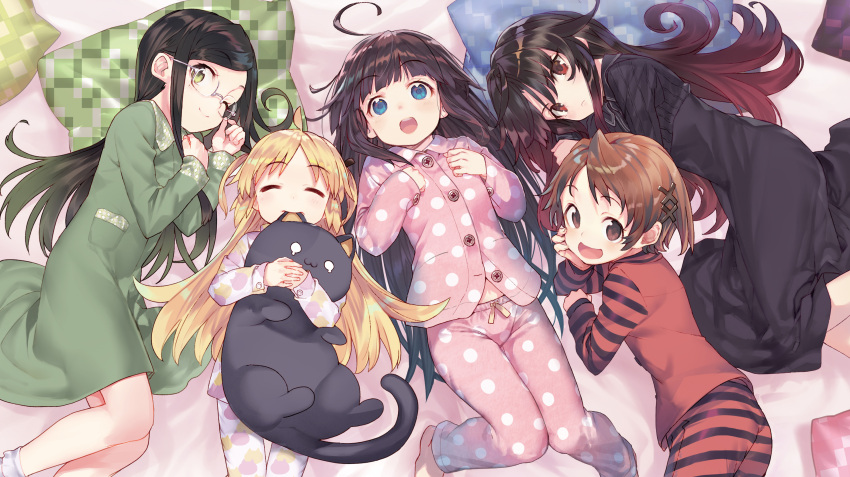 5girls :d ;) absurdres ahoge animal_print barefoot bed_sheet black_dress black_hair blonde_hair brown_eyes brown_hair cat cat_print character_request chin_rest closed_eyes dress eyebrows_visible_through_hair glasses green_dress hair_ornament highres hinatsuru_ai long_hair looking_at_viewer lying multicolored_hair multiple_girls on_back on_side one_eye_closed open_mouth pajamas pillow pink_pajamas print_pajamas red_pajamas redhead ryuuou_no_oshigoto! shirabi_(life-is-free) short_hair smile striped striped_pajamas two-tone_hair yashajin_ai