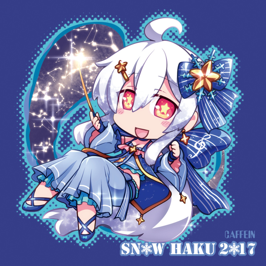 +_+ 1girl ahoge alternate_costume breasts caffein chibi cleavage constellation detached_sleeves dress headphones highres long_hair looking_at_viewer night night_sky ponytail red_eyes rod silver_hair sky smile solo star star_(sky) starry_sky voyakiloid wide_sleeves yowane_haku