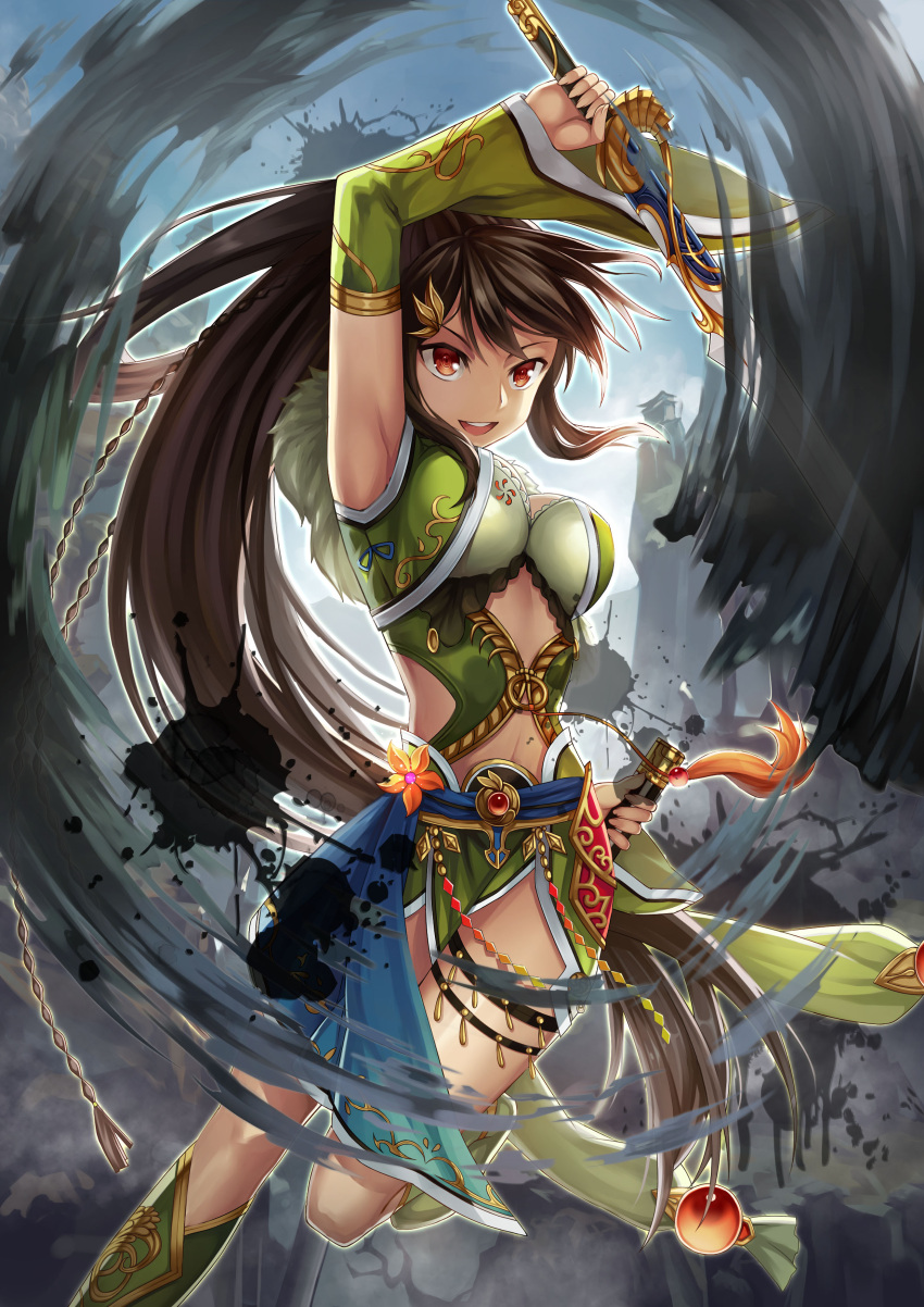 1girl :d absurdres arm_up breasts brown_hair cleavage detace detached_sleeves highres holding holding_sheath holding_sword holding_weapon ling_si long_hair medium_breasts midriff one_leg_raised open_mouth original red_eyes smile solo sword unsheathed very_long_hair weapon