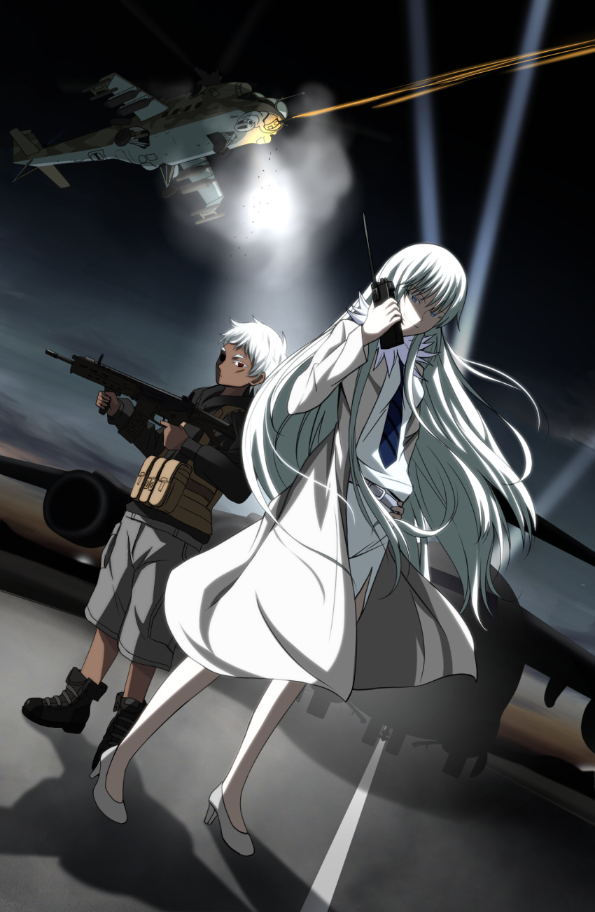 1boy 1girl aircraft airplane belt black_necktie blue_eyes coat dark_skin dress dutch_angle eyebrows_visible_through_hair floating_hair grey_shorts gun hand_on_hip high_heels highres holding holding_gun holding_weapon jormungand long_hair necktie outdoors red_eyes riffle scarf shoes shorts silver_hair suemizu_yuzuki very_long_hair walkie-talkie weapon white_dress white_shoes