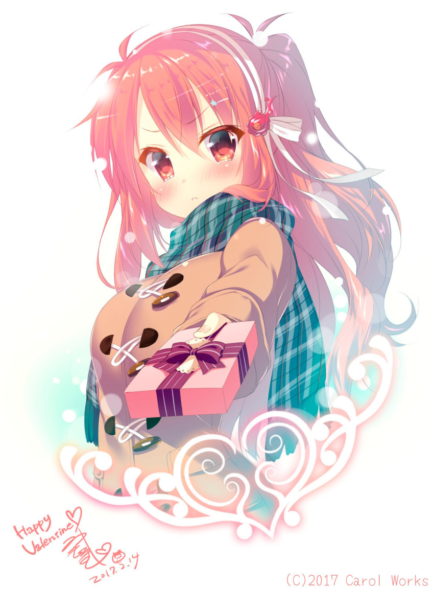 1girl 2017 artist_request blush box brown_coat brown_eyes character_request coat dated gift gift_box green_scarf hair_ribbon hairband happy_valentine highres holding holding_box incoming_gift long_hair looking_at_viewer mitsumomo_mamu redhead ribbon scarf signature simple_background solo upper_body white_background white_ribbon