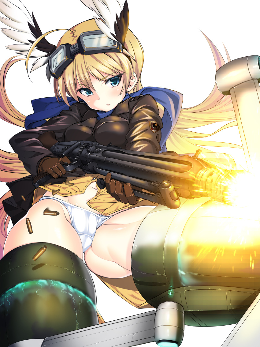 1girl a9b_(louis814) absurdres ahoge blue_eyes firing gloves goggles goggles_on_head groin gun hanna-justina_marseille head_wings highres jacket long_hair machine_gun mg42 military military_uniform motion_blur muzzle_flash navel no_pants panties scarf shell_casing solo strike_witches striker_unit underwear uniform weapon weapon_request white_panties world_witches_series