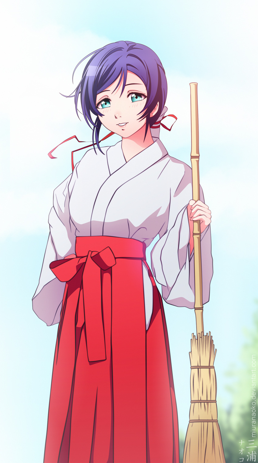 1girl absurdres bamboo_broom blush broom green_eyes hakama highres holding holding_broom japanese_clothes looking_at_viewer love_live! love_live!_school_idol_project messy_hair miko miura-n315 parted_lips purple_hair smile solo toujou_nozomi watermark web_address wide_sleeves