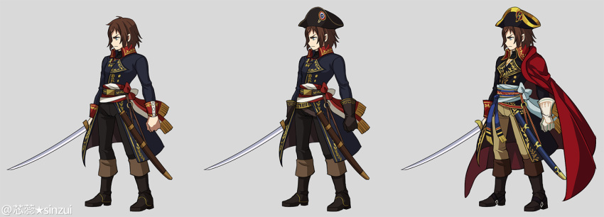 1boy bicorne brown_hair cape fate/grand_order fate_(series) hat military military_uniform napoleon_bonaparte original parody saber_(weapon) sash shinzui_(fantasysky7) sword uniform weapon