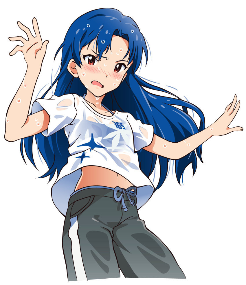 1girl absurdres akizuki_ritchan blue_hair blush brown_eyes cowboy_shot dripping flat_chest highres idolmaster kisaragi_chihaya long_hair looking_at_viewer navel shirt simple_background solo sweat sweating t-shirt wet wet_clothes white_background