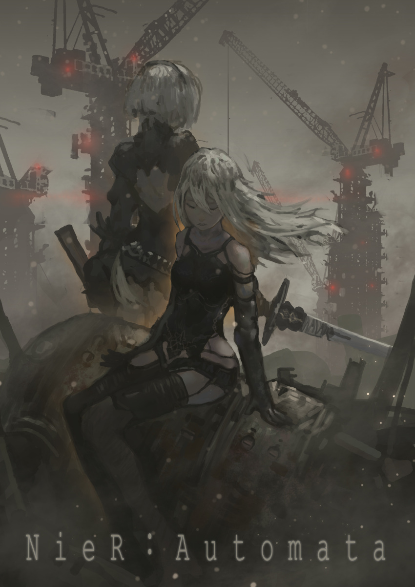 2girls absurdres bare_shoulders breasts closed_eyes copyright_name dress expressionless eyelashes gloves highres holding holding_weapon lips long_hair monochrome multiple_girls nier_(series) nier_automata open-back_dress pale_skin ruins sitting standing sword text weapon white_hair yorha_no._2_type_b yorha_type_a_no._2
