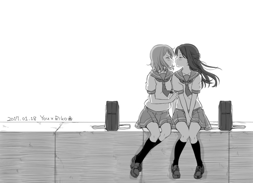 2girls bag between_legs character_name closed_eyes dated face-to-face half_updo hand_between_legs incipient_kiss kneehighs loafers long_hair love_live! love_live!_sunshine!! marimuu monochrome multiple_girls neckerchief sakurauchi_riko school_bag school_uniform serafuku shoes short_hair short_sleeves sitting_on_wall skirt watanabe_you yuri