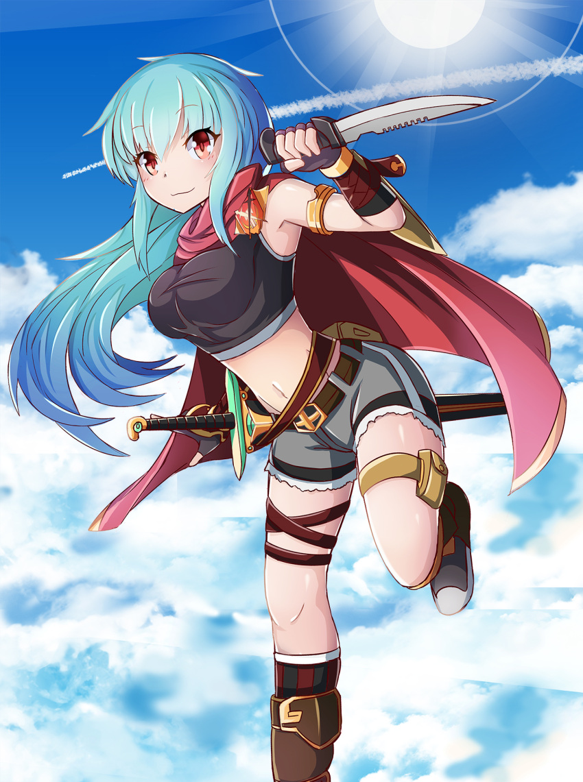 1girl belt black_gloves blue_hair breasts cape combat_knife crop_top eyebrows_visible_through_hair fingerless_gloves floating_hair gloves grey_shorts groin hair_ornament highres holding holding_knife knife long_hair medium_breasts midriff million_arthur_(series) navel one_leg_raised original red_eyes sheath sheathed shiny shiny_skin short_shorts shorts smile solo sun sword sylphine very_long_hair weapon