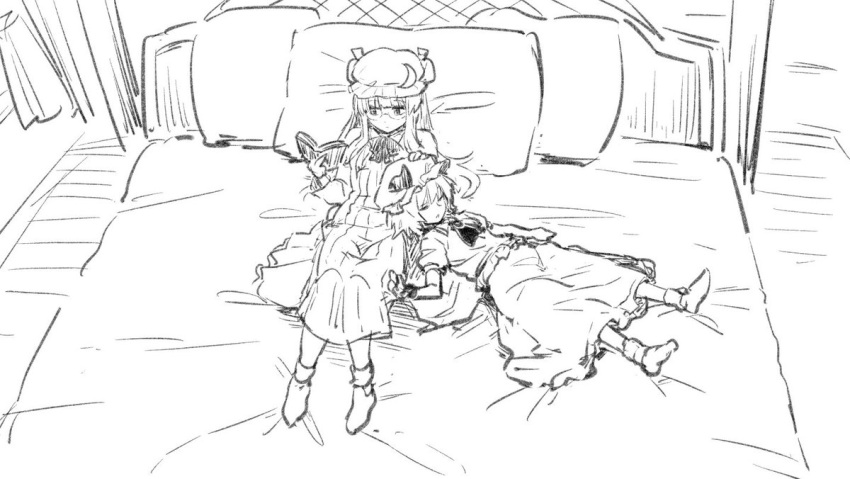 2girls ascot bed bespectacled book curtains glasses hat leon_(mikiri_hassha) long_hair mob_cap monochrome multiple_girls on_bed pajamas patchouli_knowledge petting pillow reading remilia_scarlet sitting sitting_on_bed sketch sleeping sleeping_on_person touhou very_long_hair window