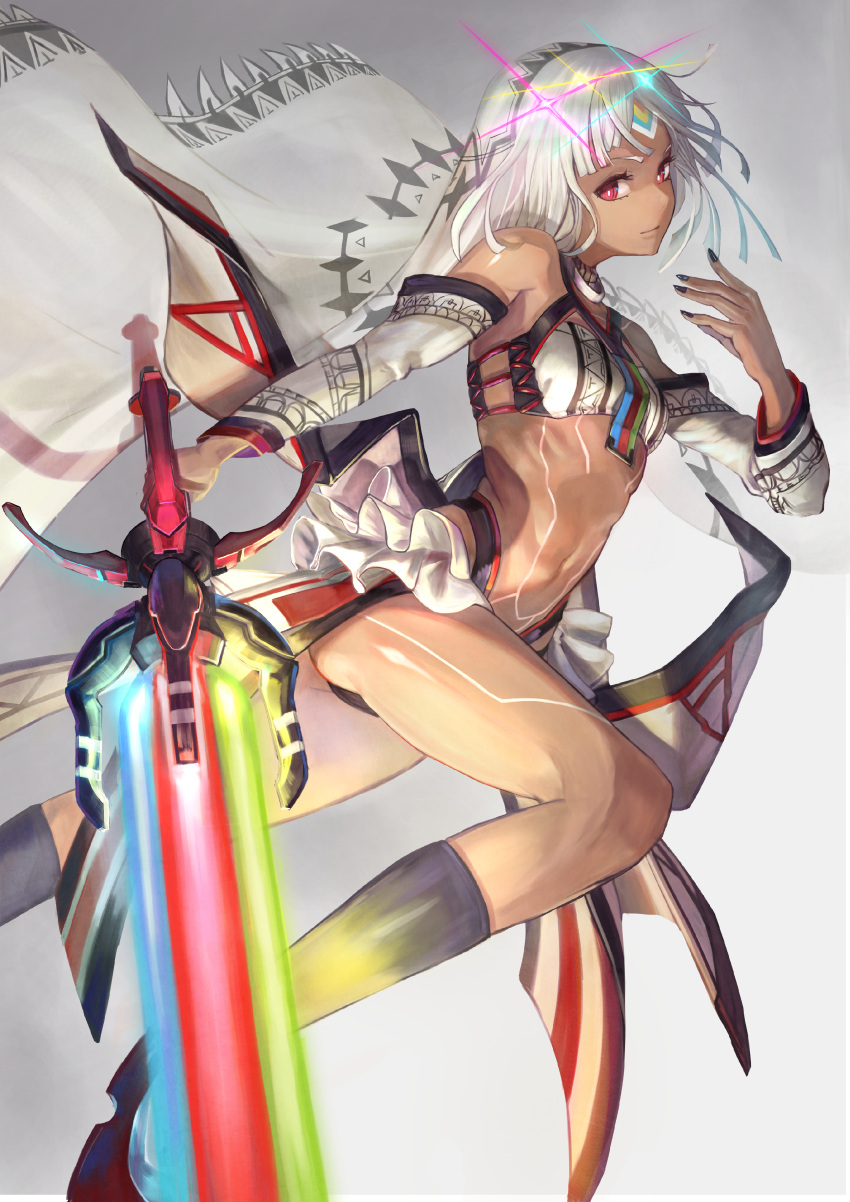 1girl absurdres altera_(fate) ass bare_shoulders black_legwear black_nails closed_mouth commentary_request dark_skin detached_sleeves fate/extella fate/extra fate/grand_order fate_(series) from_side glowing glowing_sword glowing_weapon highres holding holding_sword holding_weapon lard_(kumazakiyuta) looking_at_viewer looking_to_the_side midriff nail_polish navel red_eyes short_hair solo sparkle sword tattoo veil weapon white_hair