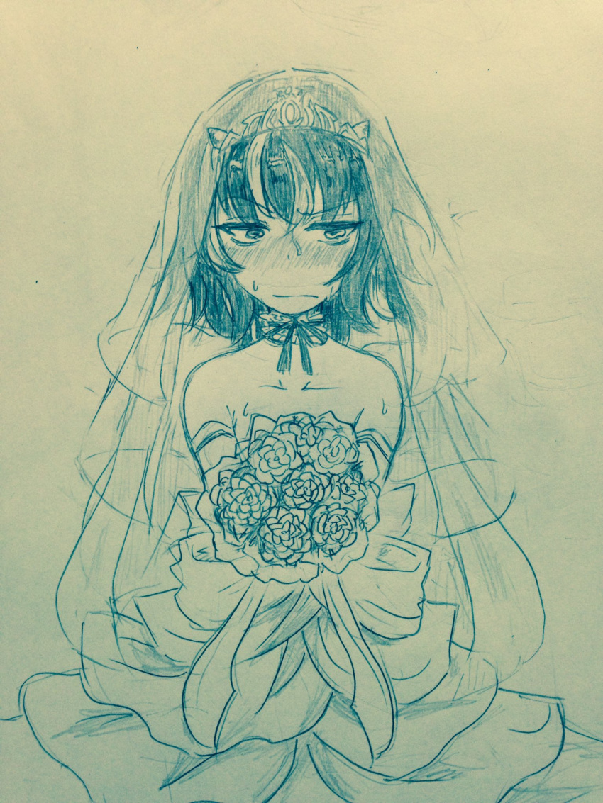 1girl alternate_costume bangs bare_shoulders blush bouquet bridal_veil closed_mouth collarbone commentary_request cowboy_shot detached_collar dress efukei eyebrows_visible_through_hair flower highres holding holding_bouquet horns kijin_seija monochrome multicolored_hair nose_blush short_hair solo streaked_hair sweat touhou traditional_media veil wedding_dress