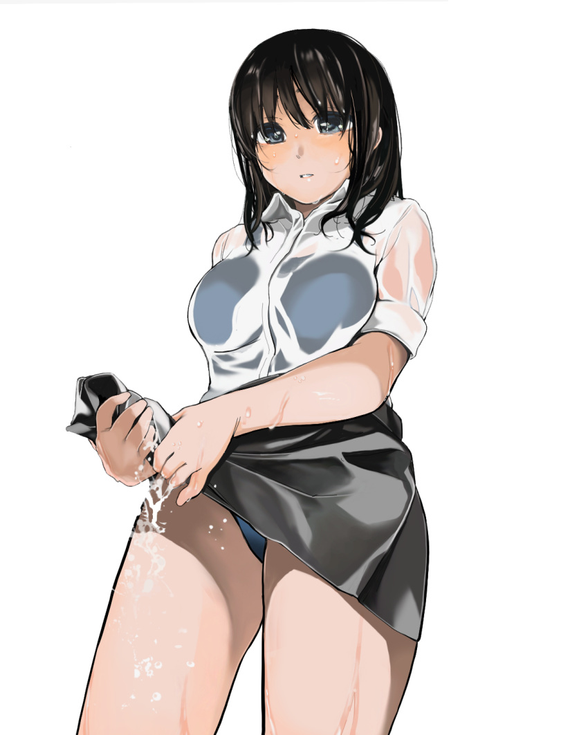 1girl bangs blush breasts cowboy_shot dress highres looking_at_viewer original panties pleated_skirt school_swimsuit see-through shirt simple_background skirt solo tarazoo thighs underwear uniform wet wet_clothes wet_hair white_background wringing_clothes wringing_dress wringing_skirt