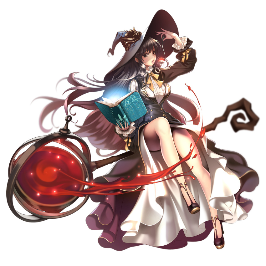 1girl alchemy arm_up black_dress black_hair blouse blurry book breasts broom broom_riding brown_eyes depth_of_field double-breasted dress frilled_shirt_collar frilled_sleeves frills glowing hat high_heels highres holding holding_book knee_up ladle large_breasts long_dress long_hair looking_at_viewer miyaza open_book open_mouth original simple_background sitting solo staff teeth thighs tongue very_long_hair white_background white_blouse witch witch_hat