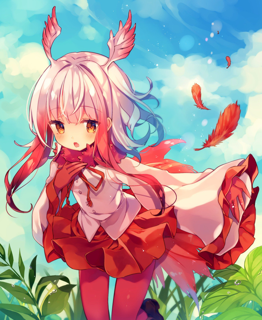 1girl ana_(rznuscrf) bangs blunt_bangs crested_ibis_(kemono_friends) day feathers gloves head_wings highres kemono_friends long_hair long_sleeves miniskirt multicolored_hair orange_eyes outdoors pantyhose pleated_skirt red_gloves red_legwear red_skirt redhead shoes sidelocks skirt solo tail two-tone_hair white_hair wide_sleeves