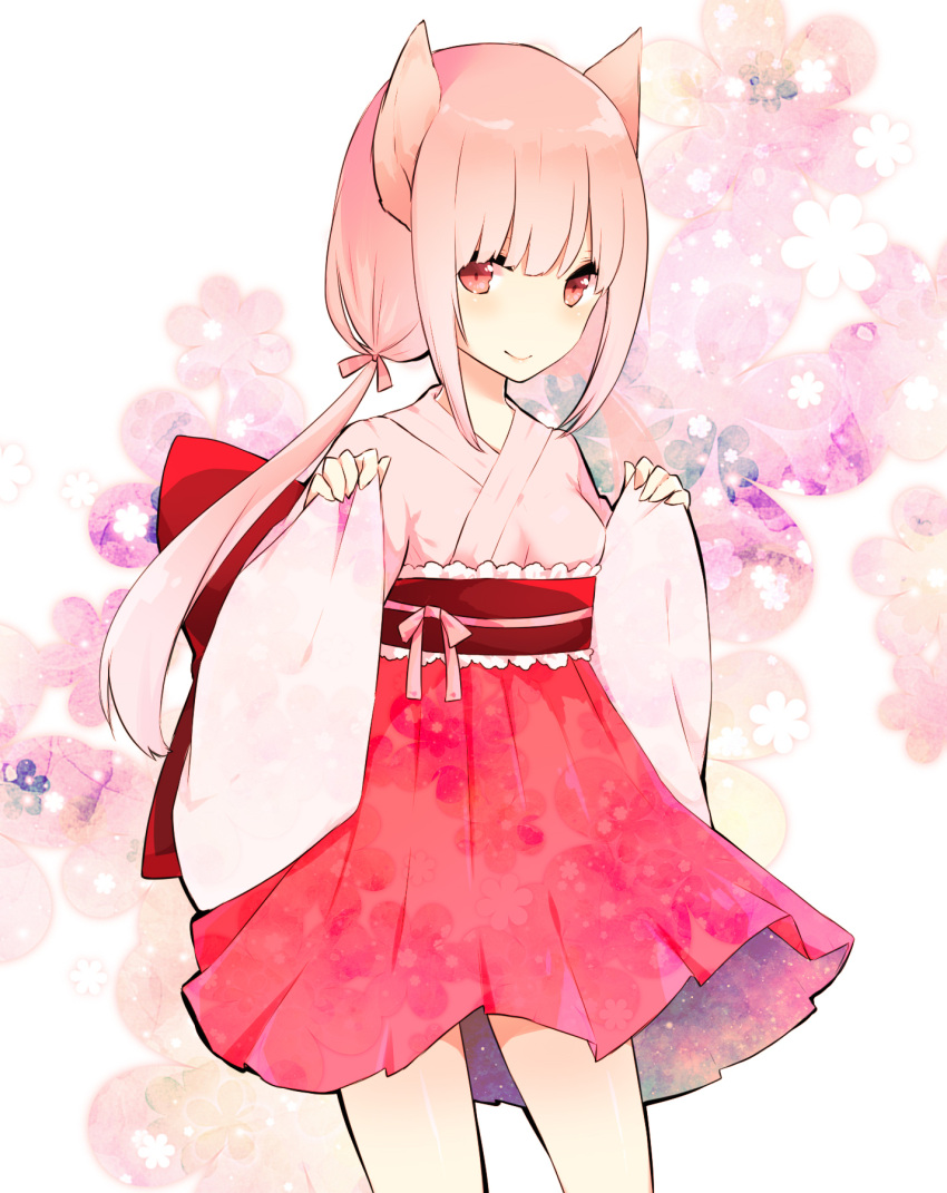 1girl animal_ears azuki_(krps-hano) bangs blunt_bangs blush bow cat_ears closed_mouth cowboy_shot floral_print flower hair_ribbon hakama hakama_skirt highres holding japanese_clothes kimono long_hair long_sleeves looking_at_another looking_at_viewer low_twintails original pink_hair pink_kimono pink_rose red_bow red_eyes red_hakama ribbon rose sash sidelocks smile solo standing tareme twintails wide_sleeves