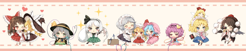 6+girls ;d alice_margatroid apron bat_wings bird_wings black_legwear blonde_hair blouse blue_dress blue_eyes blue_hair blush border bow braid brown_hair camera capelet cheek_kiss chibi closed_eyes commentary_request crying crying_with_eyes_open doll_on_head dress fang feathered_wings flandre_scarlet green_eyes green_skirt grimoire_of_alice hair_bow hair_ribbon hairband hakurei_reimu hand_on_own_cheek hat hat_ribbon heart heart_of_string highres izayoi_sakuya juliet_sleeves kirisame_marisa kiss kneehighs knife komeiji_koishi komeiji_satori konpaku_youmu konpaku_youmu_(ghost) kourindou_tengu_costume long_hair long_image long_sleeves looking_at_another looking_at_viewer looking_to_the_side maid_headdress mary_janes multiple_girls one_eye_closed open_mouth outstretched_arms piyokichi ponytail puffy_short_sleeves puffy_sleeves purple_hair red_eyes remilia_scarlet ribbon roman_numerals shameimaru_aya shanghai_doll sheath sheathed shoes short_hair short_sleeves silver_hair single_braid skirt skirt_set smile sparkle spread_arms streaming_tears string_phone sword tears tokin_hat touhou waist_apron weapon white_background white_hair wide_image wings witch_hat yellow_blouse yuri